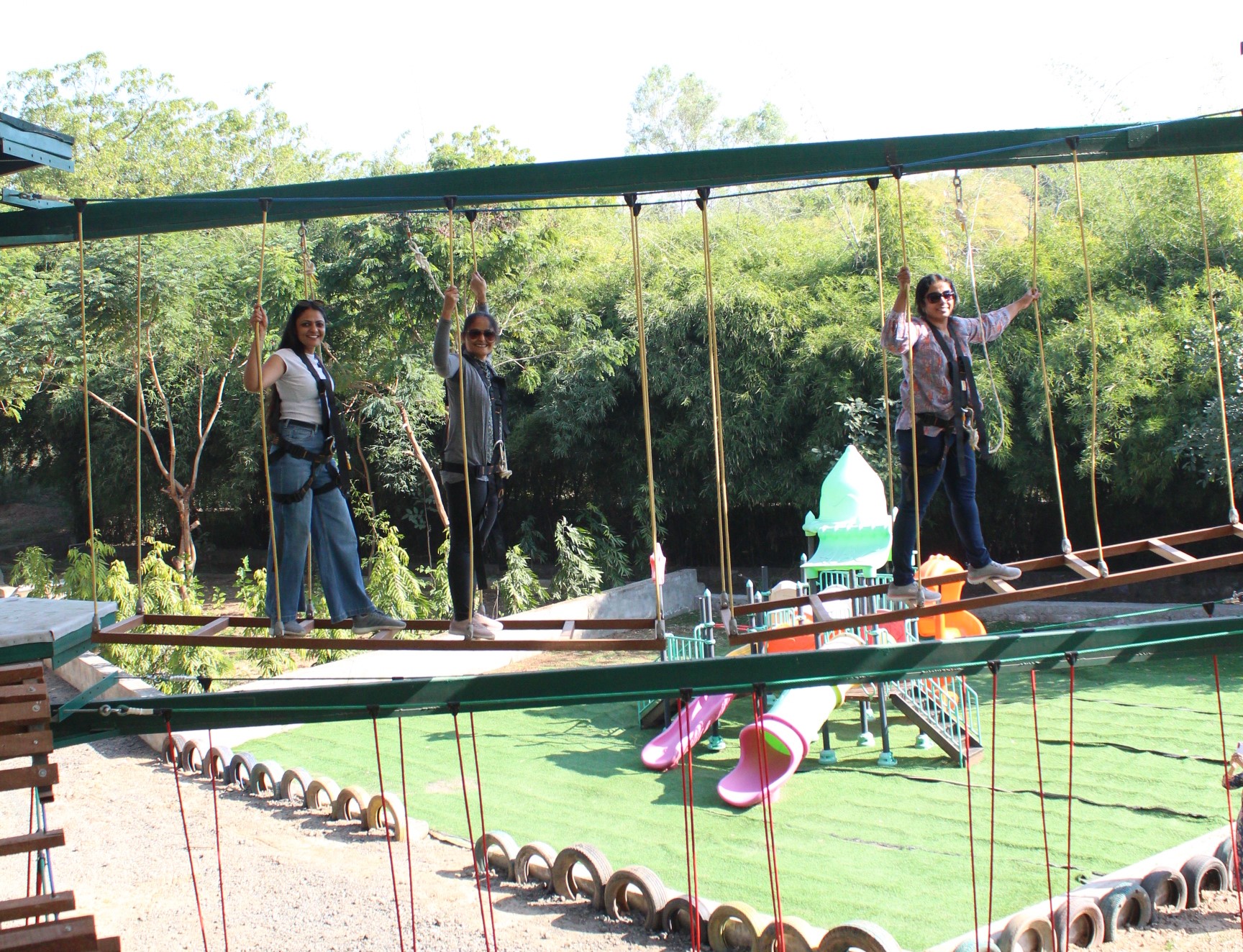 Friends enjoying the rope bridge