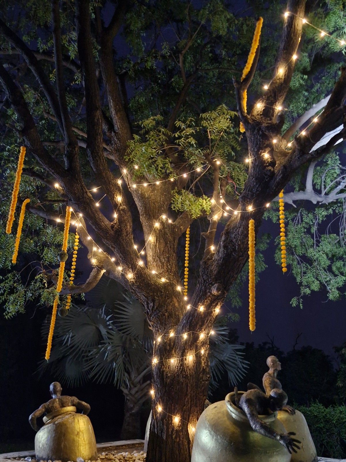 Tree wrapped in lights and marigolds