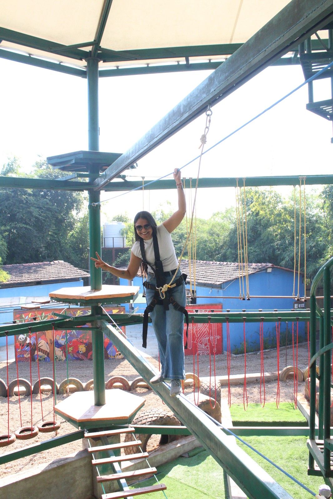 Woman enjoying the rope bridge