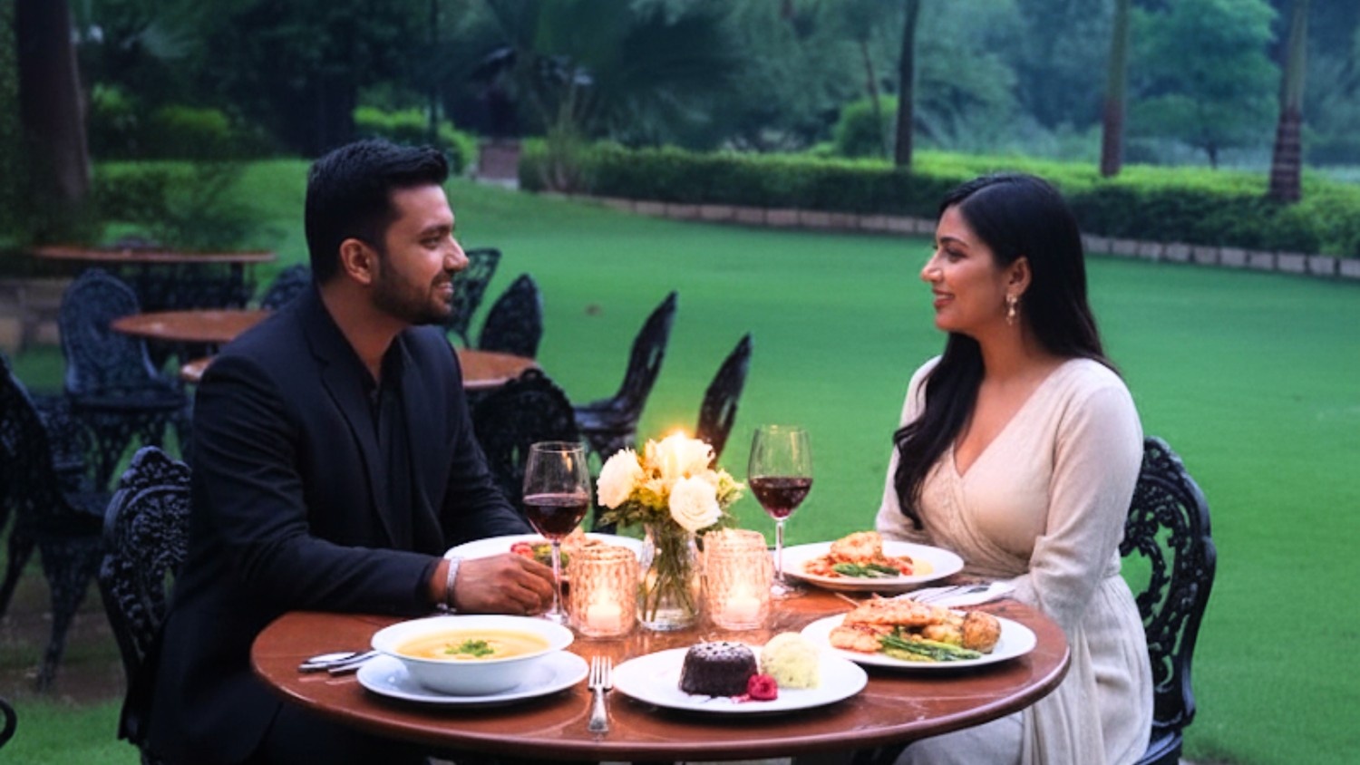 Couple dining outdoors at a beautifully decorated candlelit table with greenery in the background.