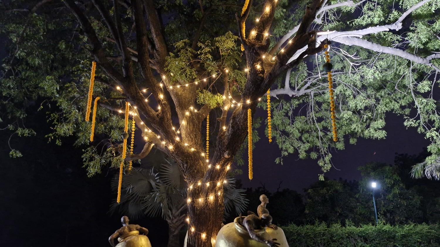 Private garden with wooden chairs and hammock surrounded by colorful flowers and shady trees