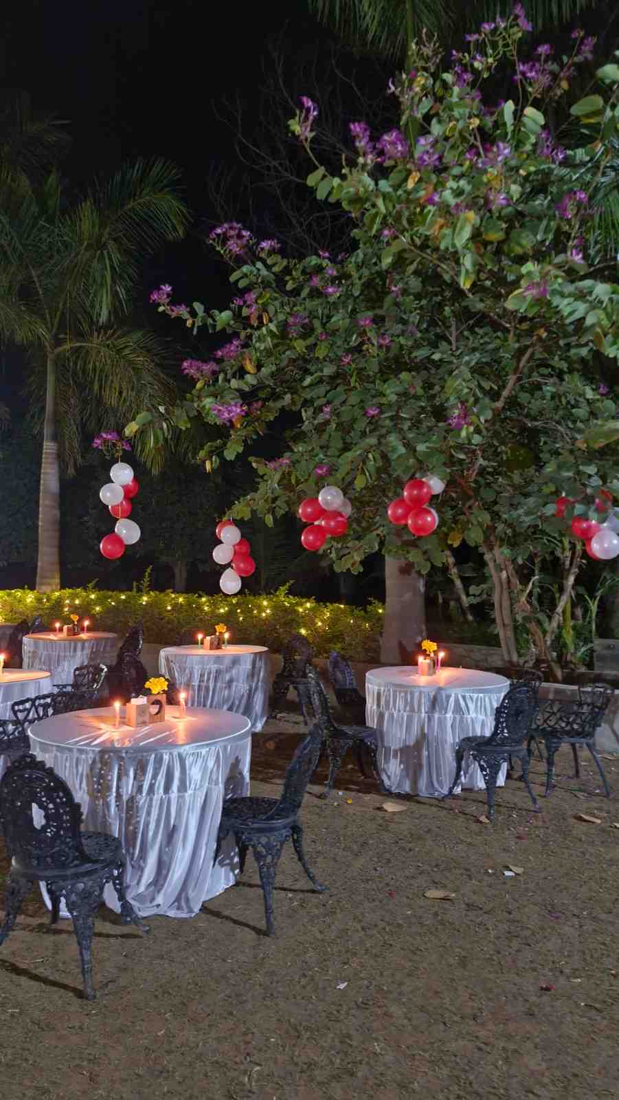Garden party setting with candlelight dinner tables arranged under trees decorated with balloons