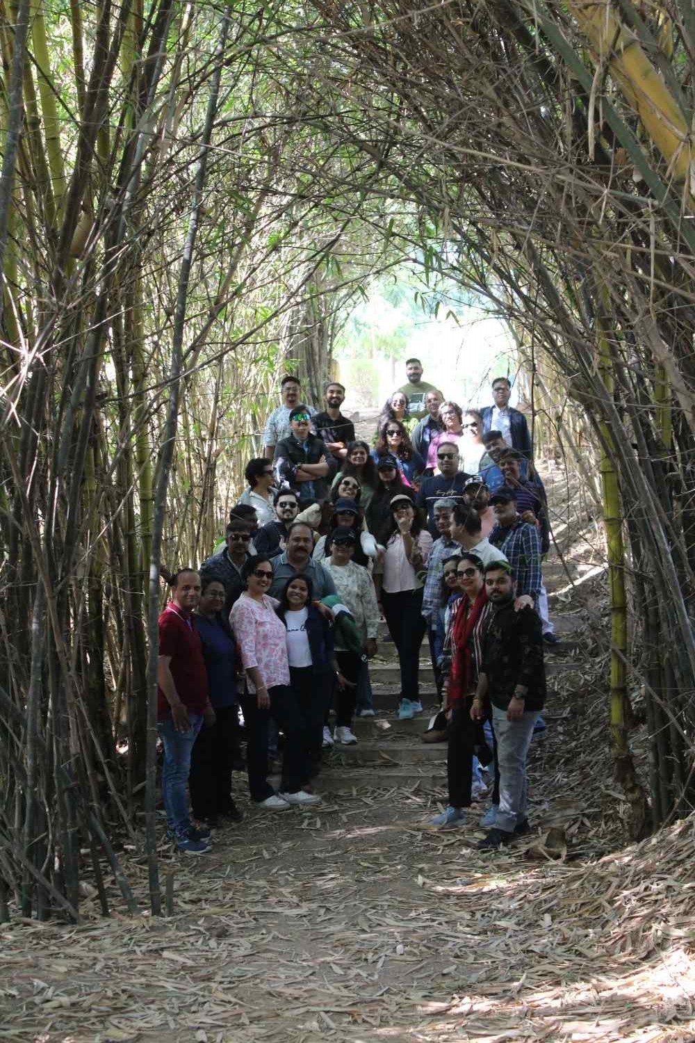 Group photo on bamboo stairs