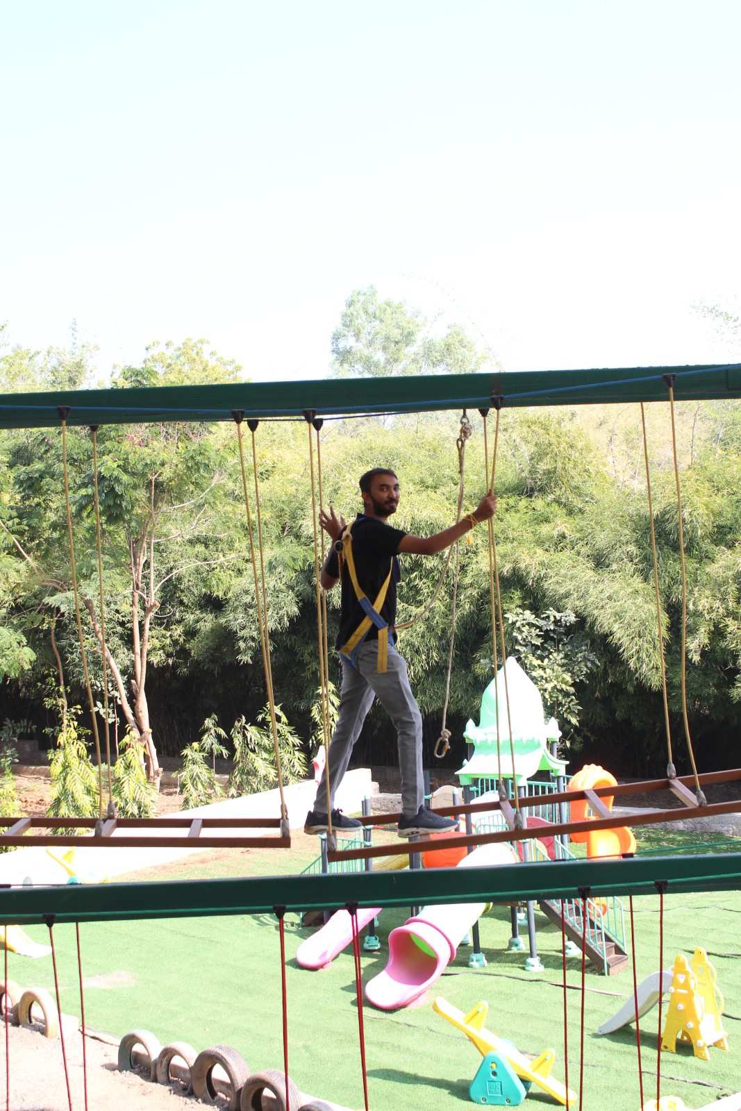 Crossing the wooden plank bridge